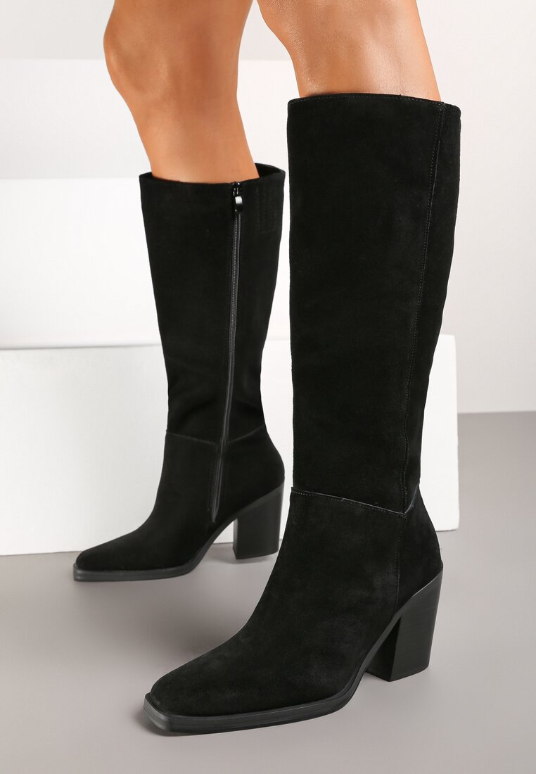 Bottes haute suède à talon bloc style Santiags - noir