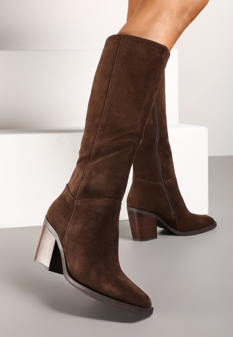 Bottes haute suède à talon bloc style Santiags - Marron