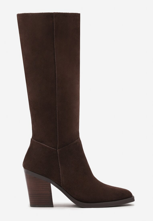 Bottes haute suède à talon bloc style Santiags - Marron