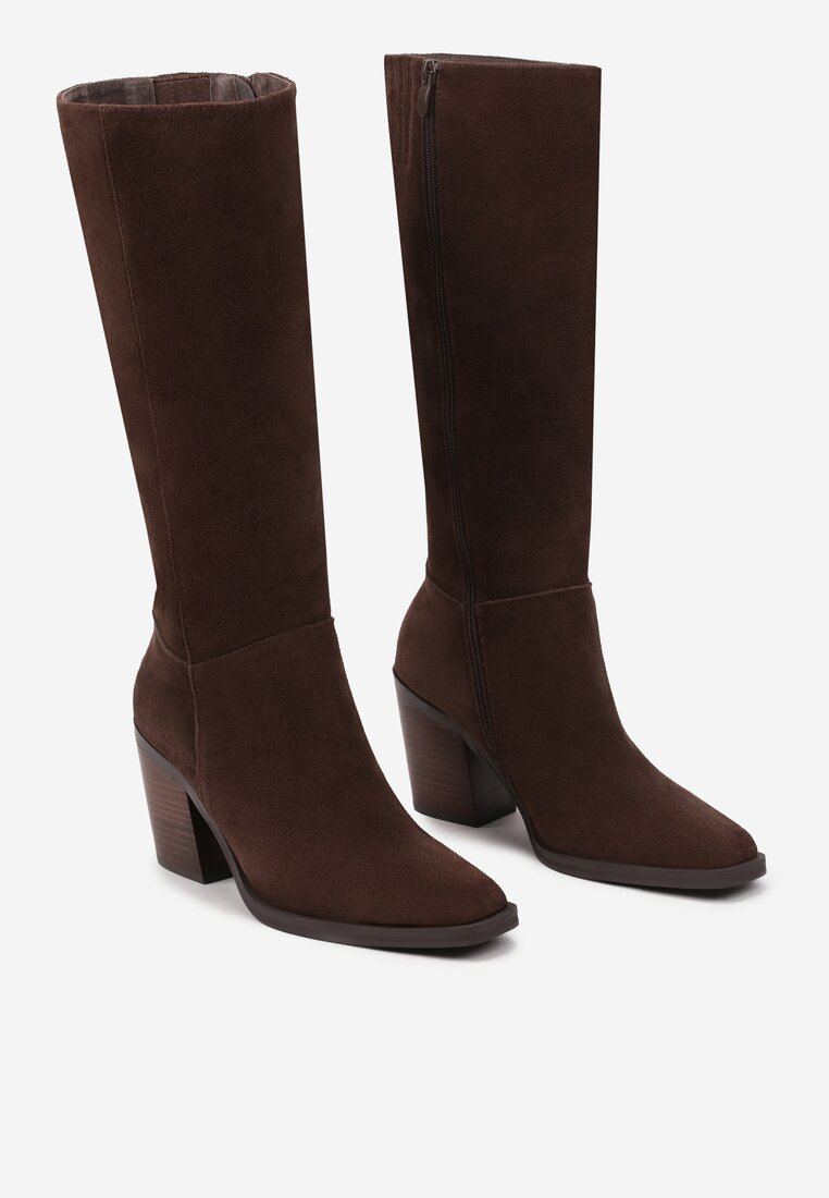Bottes haute suède à talon bloc style Santiags - Marron