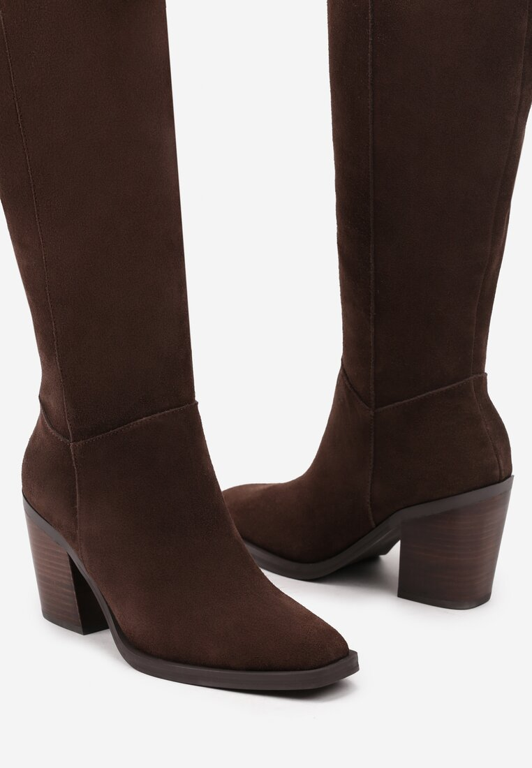 Bottes haute suède à talon bloc style Santiags - Marron