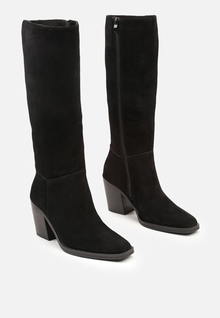 Bottes haute suède à talon bloc style Santiags - noir