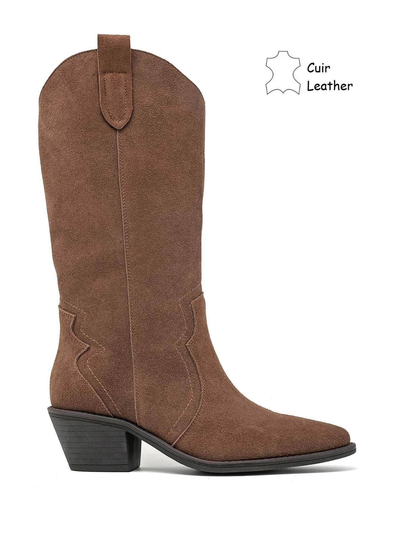Boots Santiags cuir suédé mi-mollet - taupe