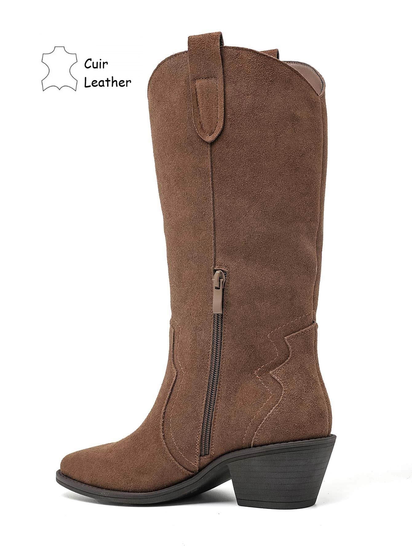 Boots Santiags cuir suédé mi-mollet - taupe