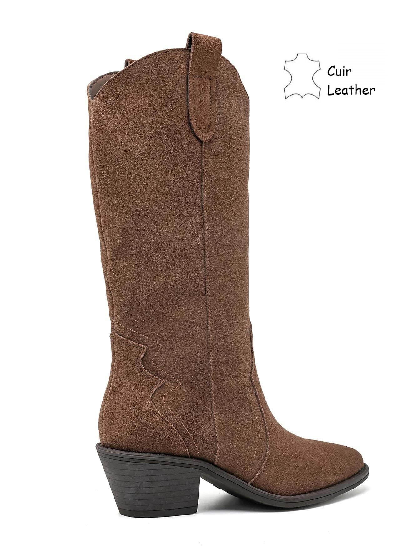 Boots Santiags cuir suédé mi-mollet - taupe
